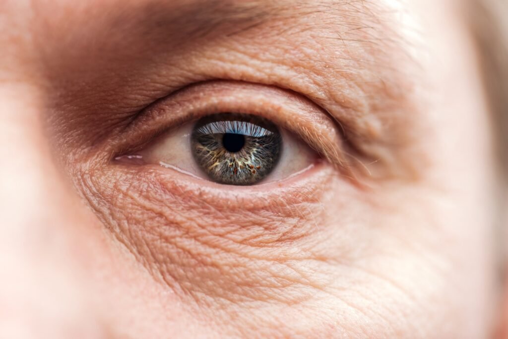 close up view of mature man eye with eyelashes and eyebrow looking at camera