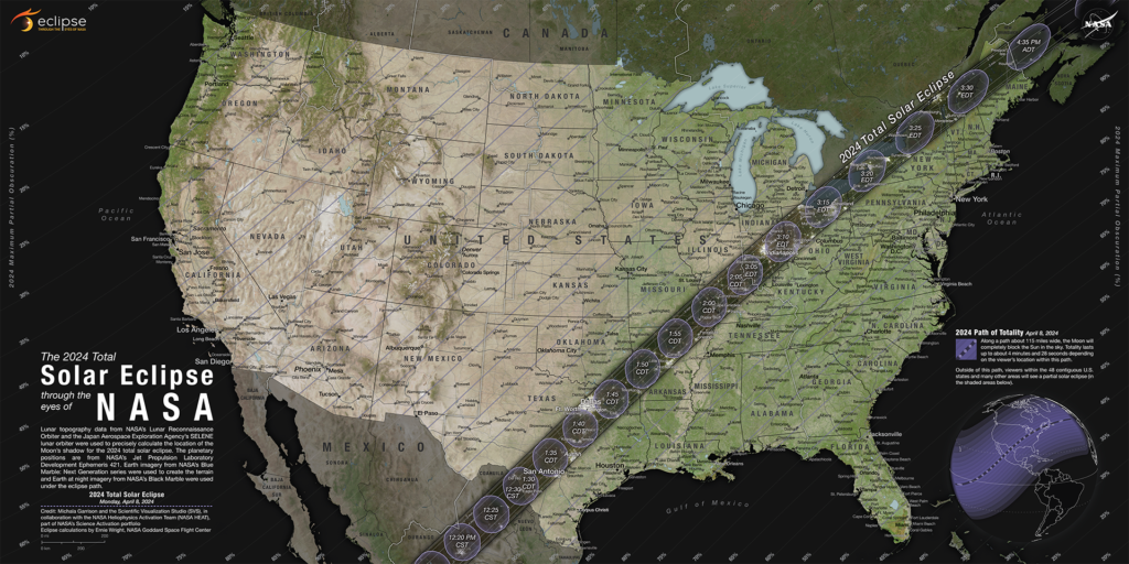 The total solar eclipse will be visible along a narrow track stretching from Texas to Maine on April 8, 2024. A partial eclipse will be visible throughout all 48 contiguous U.S. states.