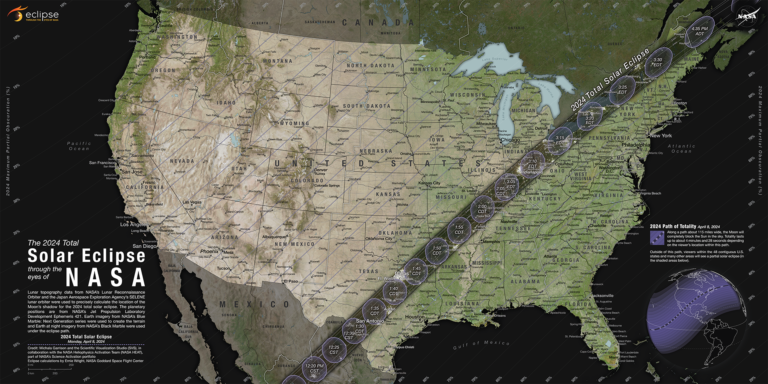 The total solar eclipse will be visible along a narrow track stretching from Texas to Maine on April 8, 2024. A partial eclipse will be visible throughout all 48 contiguous U.S. states.